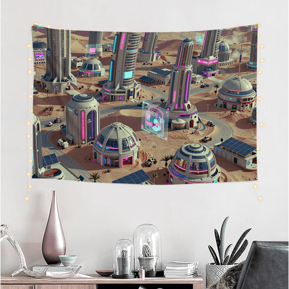 One design features a  Futuristic Desert City Skyline Print for Wall Decor  .On Polyester Fiber, Perfect for Home Decor in Living Rooms, Bedrooms, Dorms, And Offices