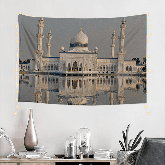 One design features a Islamic Mosque Dome Reflection Water Art Print Decorative Rug Design .On Polyester Fiber, Perfect for Home Decor in Living Rooms, Bedrooms, Dorms,And Offices