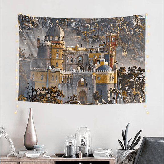 One design features a Medieval Castle Fantasy Landscape Tapestry Print Design .On Polyester Fiber, Perfect for Home Decor in Living Rooms, Bedrooms, Dorms,And Offices