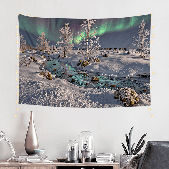 One design features a Northern Lights Aurora Winter Landscape Reindeer Stream Trees Frosty Scene Print.On Polyester Fiber, Perfect for Home Decor in Living Rooms, Bedrooms, Dorms, And Offices
