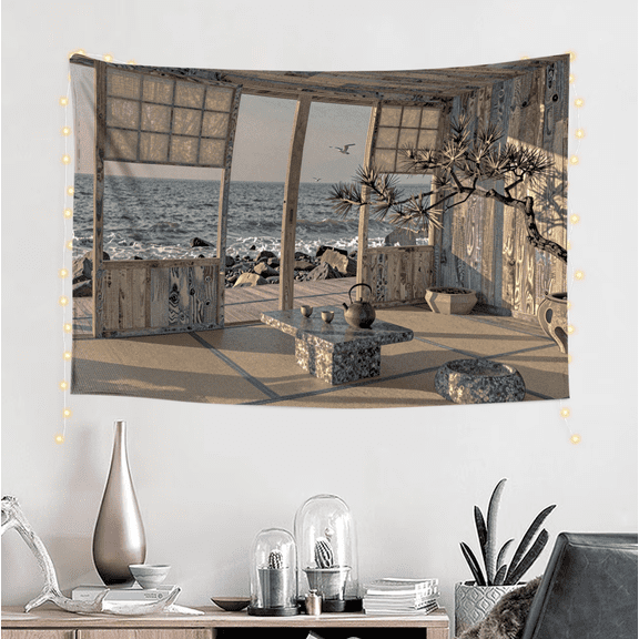One design features a Seaside Tranquility Ocean Waves Wooden Structure Tea Table Bonsai Tree Seagulls .On Polyester Fiber, Perfect for Home Decor in Living Rooms, Bedrooms, Dorms, And Offices