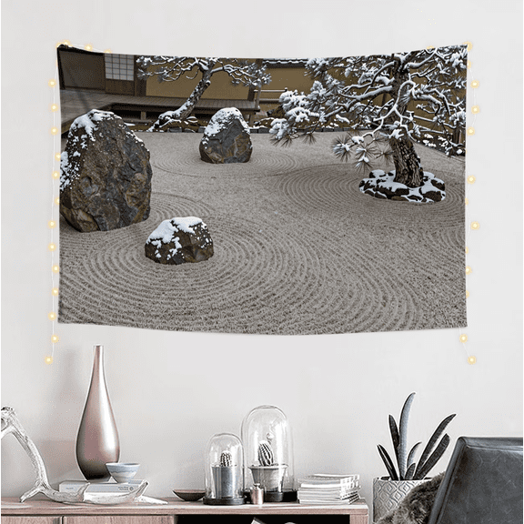 One design features a Snowy Zen Garden Rock and Pine Tree Print for Wall Decor .On Polyester Fiber, Perfect for Home Decor in Living Rooms, Bedrooms, Dorms, And Offices