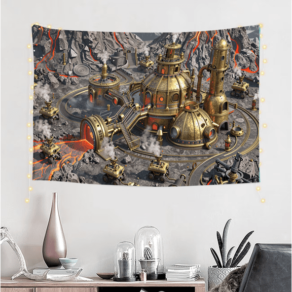 One design features a Steampunk Industrial Factory Steam Engine Machinery Metal Design Wall Art Decorative.On Polyester Fiber, Perfect for Home Decor in Living Rooms, Bedrooms, Dorms,And Offices