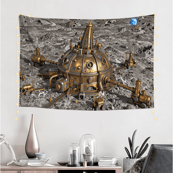 One design features a  Steampunk Moon Base Dome Industrial Steam Engine Science Fiction Fantasy Decorative.On Polyester Fiber, Perfect for Home Decor in Living Rooms, Bedrooms, Dorms, And Offices