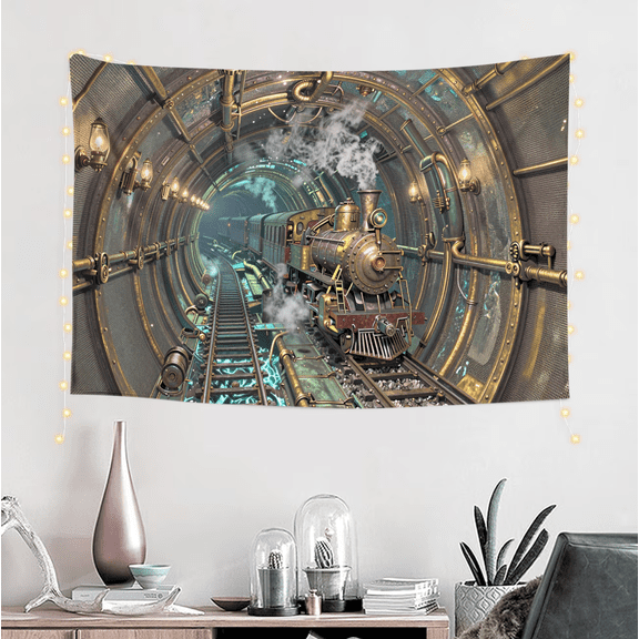 One design features a Steampunk Train Tunnel Steam Engine Print Wall Art Decor .On Polyester Fiber, Perfect for Home Decor in Living Rooms, Bedrooms, Dorms,And Offices