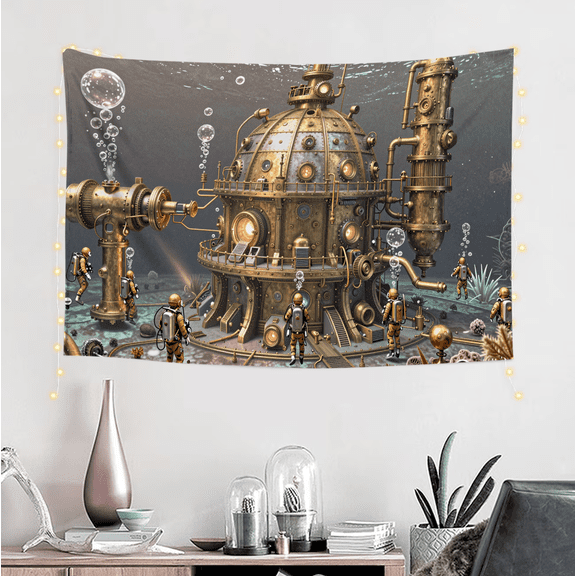 One design features a Steampunk Underwater Dome Diver Bubbles Decorative Rug Print .On Polyester Fiber, Perfect for Home Decor in Living Rooms, Bedrooms, Dorms, And Offices