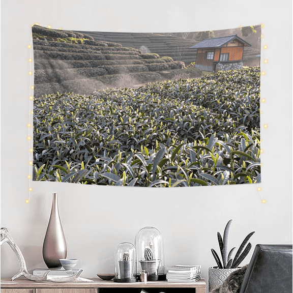 One design features a  Tea Fields Misty Morning Japanese Landscape Print Wall Hanging Decorative Artwork  .On Polyester Fiber, Perfect for Home Decor in Living Rooms, Bedrooms, Dorms, And Offices