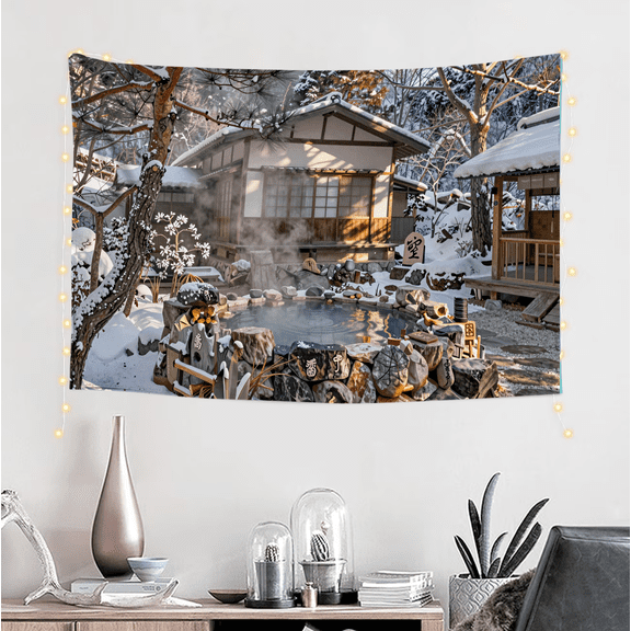 One design features a Winter Japanese Hot Spring Snowscape Traditional Hut Landscape Print Decorative Rug .On Polyester Fiber, Perfect for Home Decor in Living Rooms, Bedrooms, Dorms,And Offices
