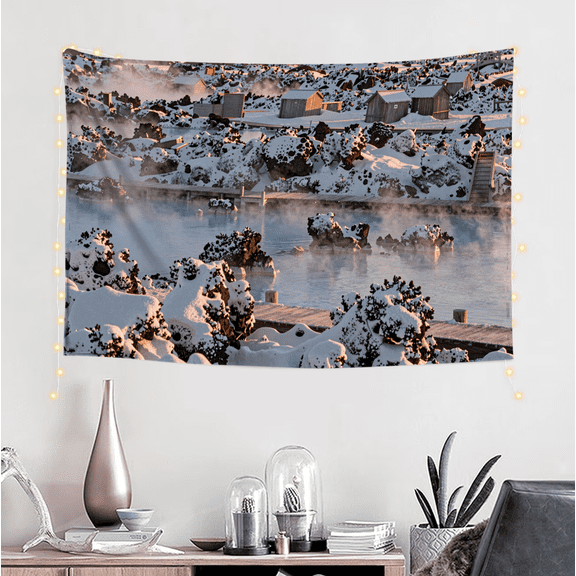 One design features a Winter Snowy Landscape Hot Spring Wooden Huts Nordic Decorative Rug Print .On Polyester Fiber, Perfect for Home Decor in Living Rooms, Bedrooms, Dorms, And Offices