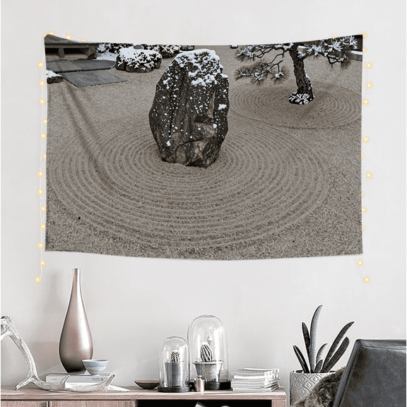 One design features a  Zen Garden Rock Snow Pine Tree Sand Pattern Print Rug Title  .On Polyester Fiber, Perfect for Home Decor in Living Rooms, Bedrooms, Dorms,And Offices