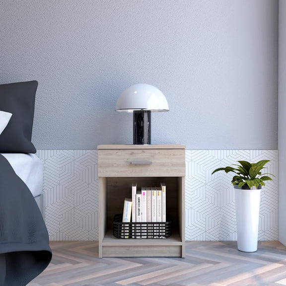 One - drawer, light gray nightstand with low shelf, 21 inches in height - A practical bedside storage solution