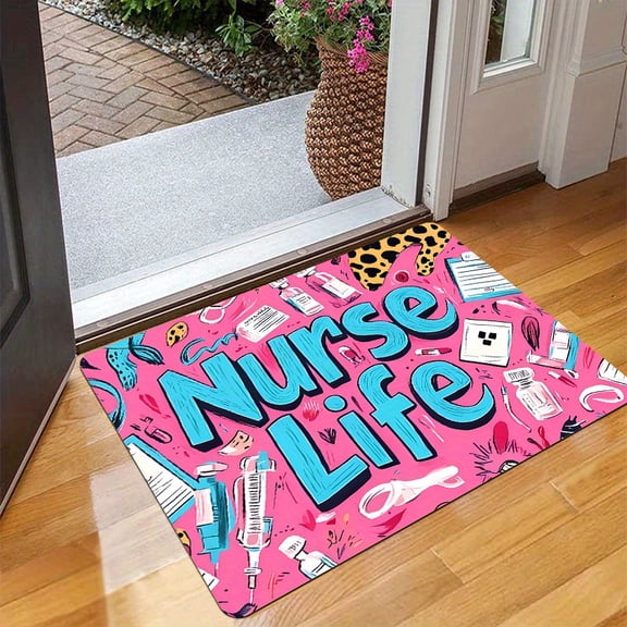 One flannel mat with nurse-themed text and needle pattern, made of soft polyester, suitable for decorating entrances, exits, bathrooms, kitchens, lounges, and laundry rooms.