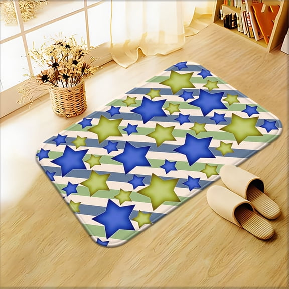One green-grey-beige striped floor mat with green diagonal stripes and white star pattern - microfiber polyester floor mat, suitable for outdoor porch, kitchen, living room, and bathroom décor.