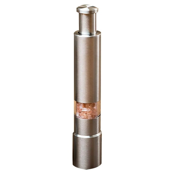 One handed seasoning spice mill gadgets, push button salt and pepper grinder, Solid Stainless, 1 Pcs or Buy more, silver