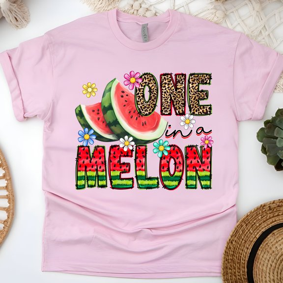 One in a Melon T-Shirt, Cute Watermelon Graphic Tee with Leopard Print and Flowers, Light Pink, Size S