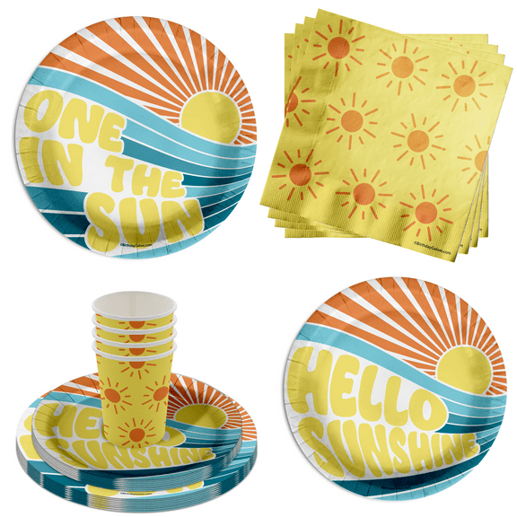 One in the Sun First Birthday Party Supplies 64 Piece Tableware Set Includes Large 9" Paper Plates Dessert Plates, Cups and Napkins Kit for 16