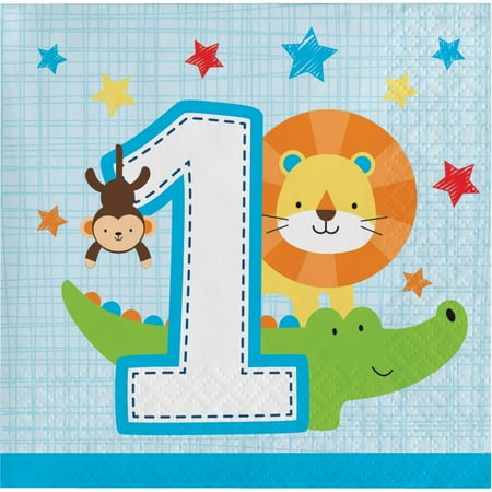 One is Fun Boy Paper Beverage Napkins 16 Count for 8 Guests
