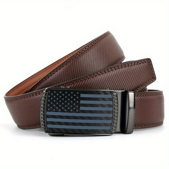One men's American flag golf belt - a thick, durable cowhide ratchet dress belt with an automatic sliding buckle, gold-tone hardware, and brown/light tan - suitable for golf and formal occasions.