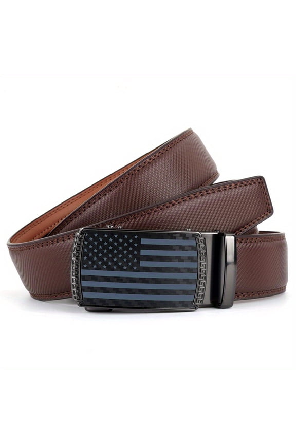 One men's American flag golf belt - a thick, durable cowhide ratchet dress belt with an automatic sliding buckle, gold-tone hardware, and brown/light tan - suitable for golf and formal occasions.