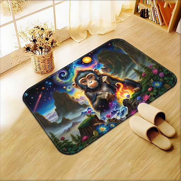 One monkey-themed printed floor mat, non-slip and absorbent, machine washable, made of polyester, with a cute monkey pattern, suitable for outdoor porch, kitchen, living room, and bathroom decoration