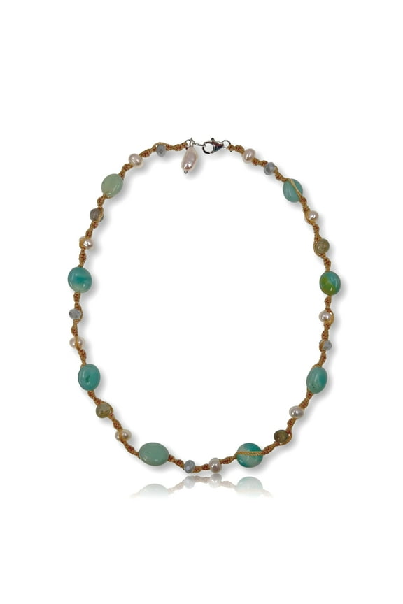 Twist Knotted Boho Choker Necklace or Bracelet, Green Amazonite Cultured Pearl, Sterling Silver, 15 in