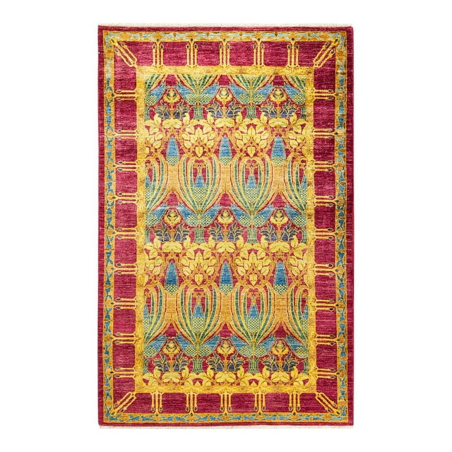 One of a Kind Hand Made Arts & Crafts Floral Wool Area Rug Purple 5 X 8