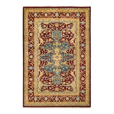 One of a Kind Hand Made Mogul Floral Wool Area Rug Purple 6 x 9
