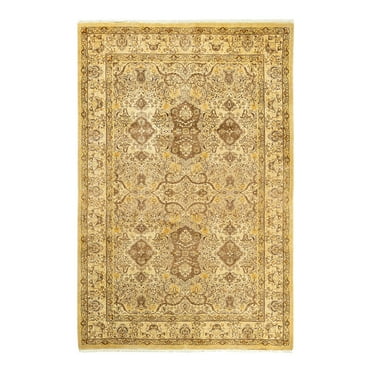 One of a Kind Hand Made Mogul Floral Wool Area Rug Yellow 5 x 8