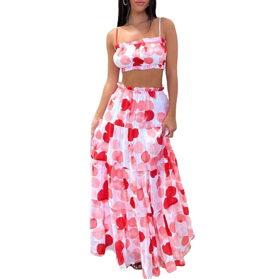 One opening 2 Pcs Women's Summer Bohemian Print Skirts Sets Spaghetti Strap Crop Top Camisole + High Waist Long Skirt Beach Outfits