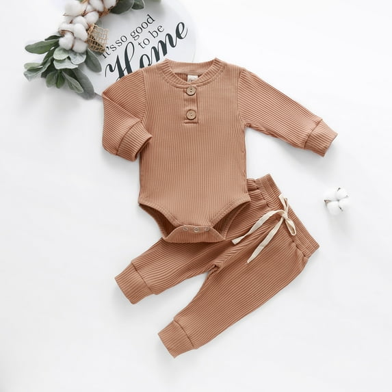 One opening Baby Boys Autumn Clothes Sets Fall Infant Newborn Long Sleeve Ribbed Bodysuits + Elastic Pants Solid Outfit 0-24M