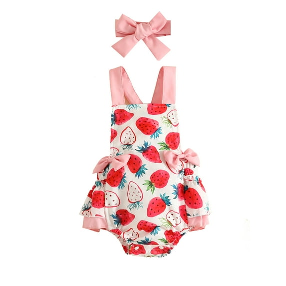 One opening Baby Girl Summer Lovely Romper Pants Sleeveless Backless Strawberry Print Short Bodysuit + Head Band