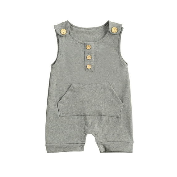 One opening Baby Short Romper, Sleeveless O-neck Jumpsuit with Pocket