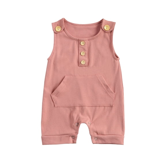 One opening Baby Short Romper, Sleeveless O-neck Jumpsuit with Pocket