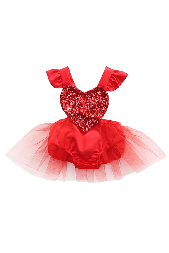 Baby  Sleeveless Romper Sequined Heart-Shaped Mesh Ruffled Jumpsuit