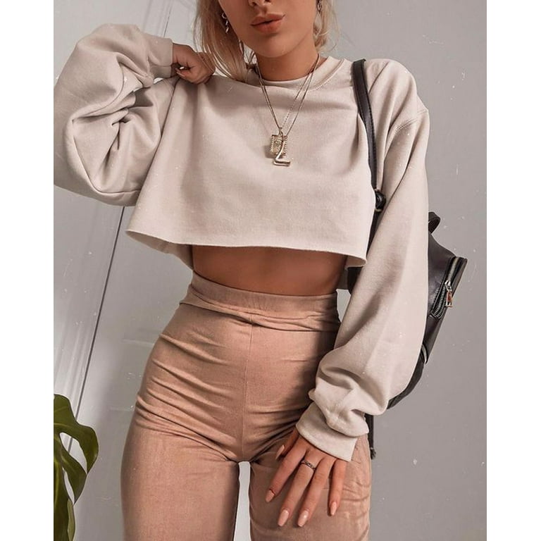 One opening Fashion Women's Long Sleeve Crop Top T-Shirts Casual Women  Loose Pullover Tops Spring Clothes Outdoor Short T-Shirt Suits
