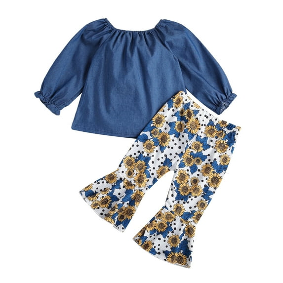 One opening Girl’s 2Pcs Clothes Suit, Solid Color Long Sleeve Off-shoulder Tops with Sunflower Printed Flared Long Pants for Spring and Fall