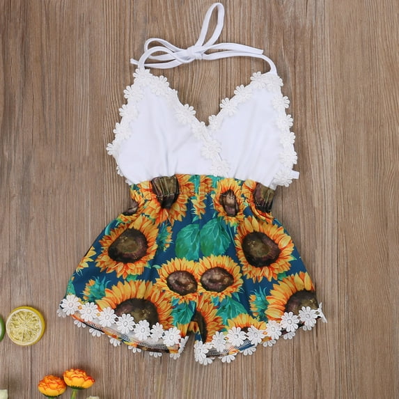 One opening Girls V-Neck Bodysuit, Contrast Color Short Printed Strap Jumpsuit