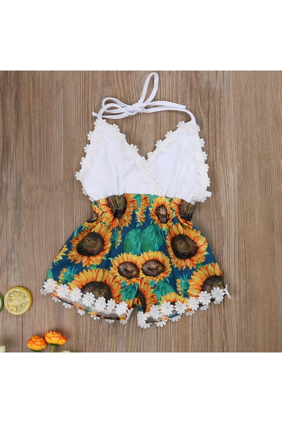 Girls V-Neck Bodysuit, Contrast Color Short Printed Strap Jumpsuit