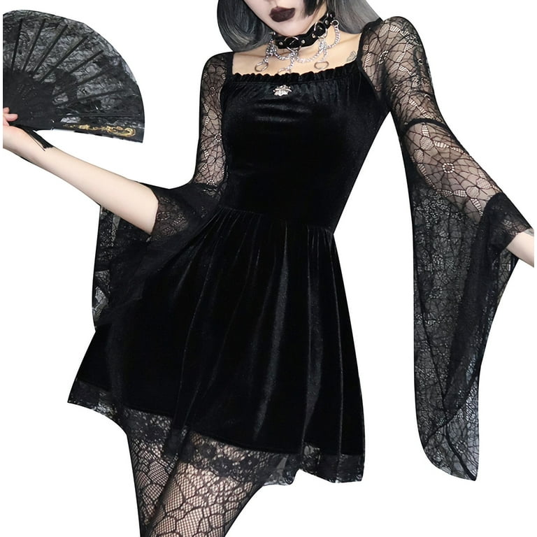 One opening Women Gothic Lolita Dress Fairy Grunge Punk Black Goth Dress  Lace Patchwork Flare Sleeve A-Line Dresses Halloween Outfit
