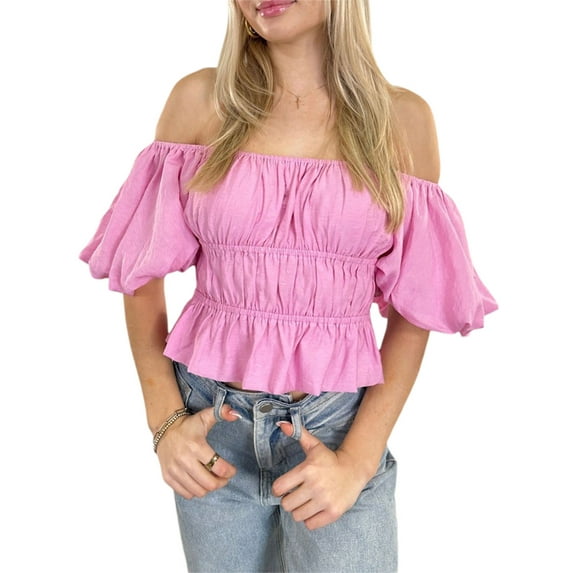 One opening Women Juniors Summer Ruffled Crop Tops Solid Color Short Sleeve Off-shoulder Basic T-shirts for Party Streetwear