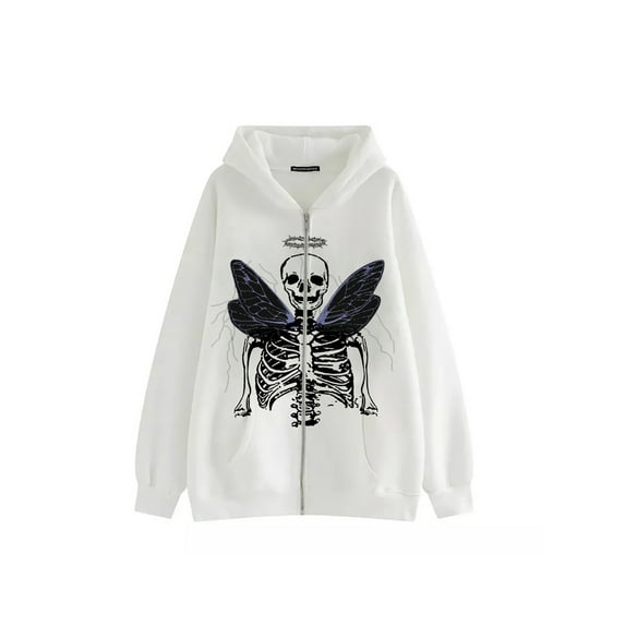 One opening Women Men Oversized Zip Up Hooded Jacket Sweatshirt Skull Vintage Aesthetic Graphic Hoodie Halloween Clothes