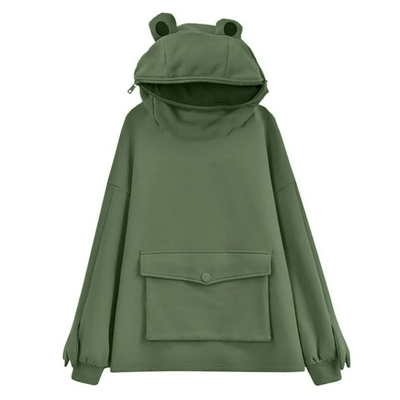 One opening Women Novelty Long Sleeve Solid Color Hooded Sweatshirt with Pocket