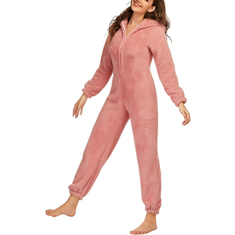 One opening Women One Piece Fleece Pajamas Hooded Zipper Romper