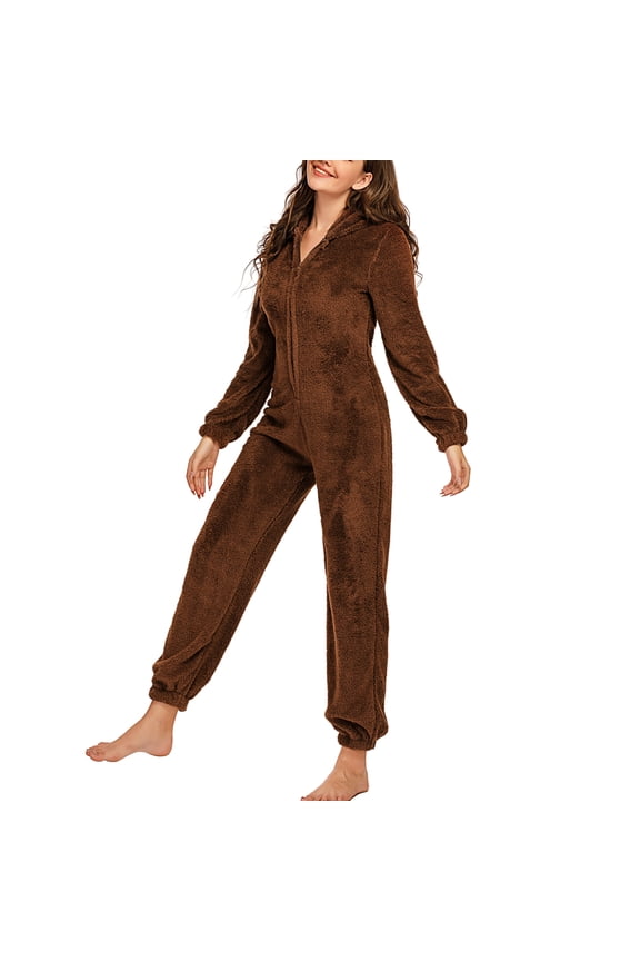Women One Piece Fleece Pajamas Hooded Zipper Romper Jumpsuit Fuzzy Warm Sherpa Sleepwear Homewear