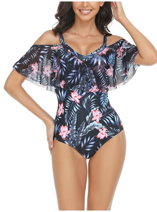 One Piece Swimsuits For Women With Skirt High Neck Plunge Mesh
