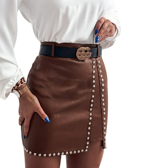 One opening Women Sexy Skirt, Adults Leather Skirt with Decorative Rhinestones