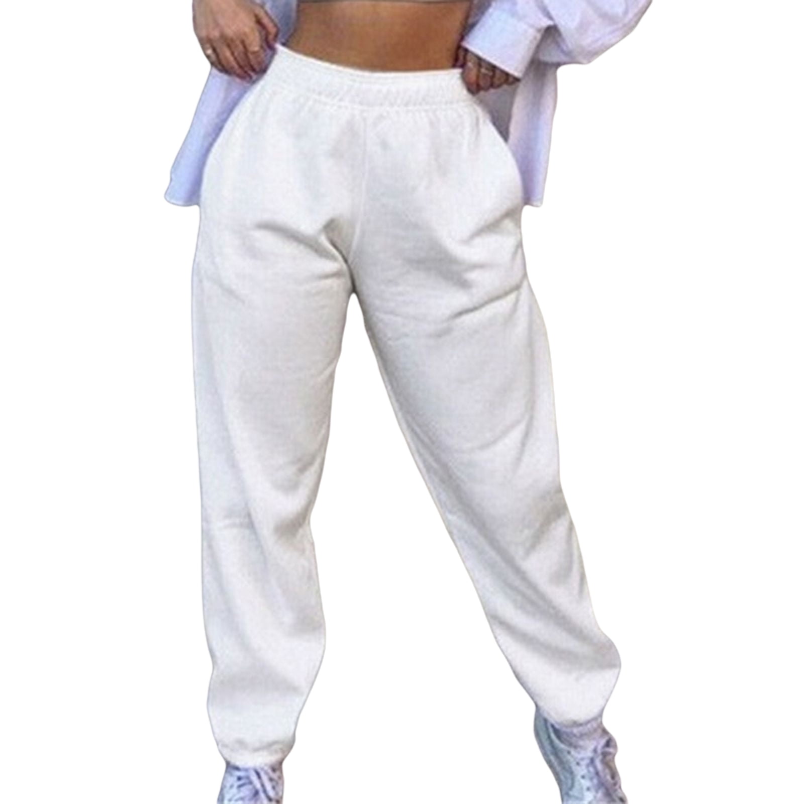 One opening Women Sweatpants Cinch Elastic High Waist Dance Jogger Sports  Ladies Casual Cotton Baggy Trousers Pockets (S, Thin Fleece White)