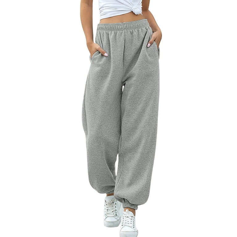 One opening Women Sweatpants Cinch Elastic High Waist Dance Jogger Sports  Ladies Casual Cotton Baggy Trousers Pockets (S, Thin Fleece White) 