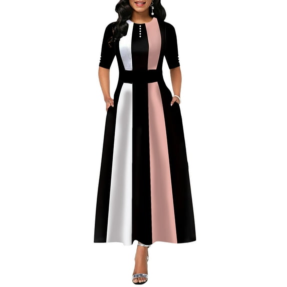 One opening Women´s Evening Party Dress Half Sleeves Striped Long Dress Elegant A-line Dresses S-2XL