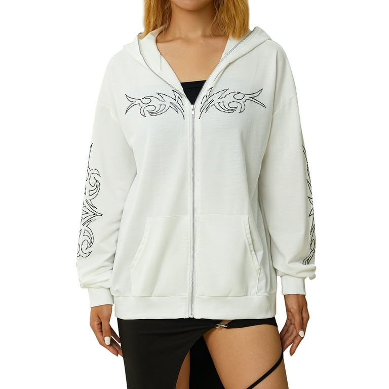 One opening Women 's Oversized Zip Up Sweatshirt Cross Rhinestone Jackets  Long Sleeve Letter Printed Hoodies Streetwear